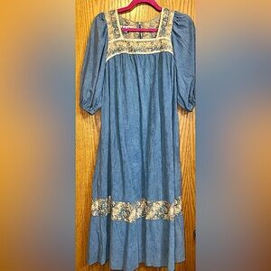 Vintage 70’s Suede Prairie Dress with Square Floral Neck and Bishop Sleeves